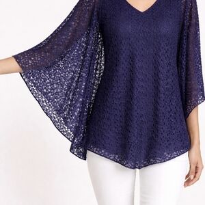 Brittany Black Women's 2X Navy Blue Lace Poncho Top Layered Boho